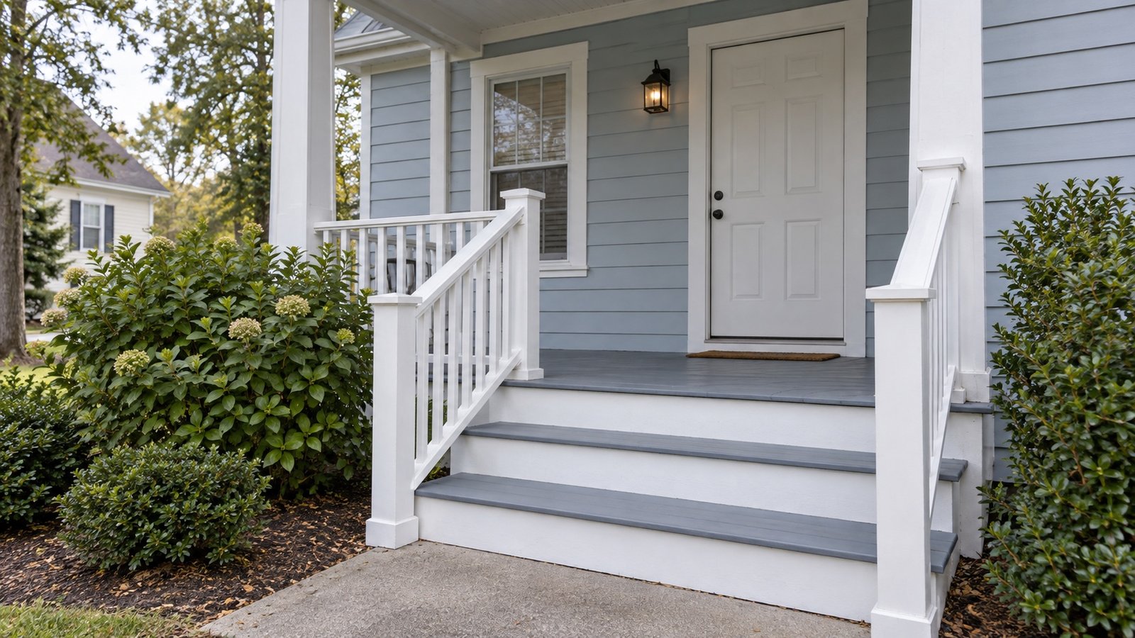 Short porch steps and continuous white handrails at a blue wood-sided house
