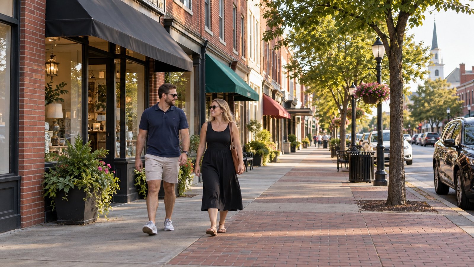 Two adults walking past brick storefronts on a downtown sidewalk