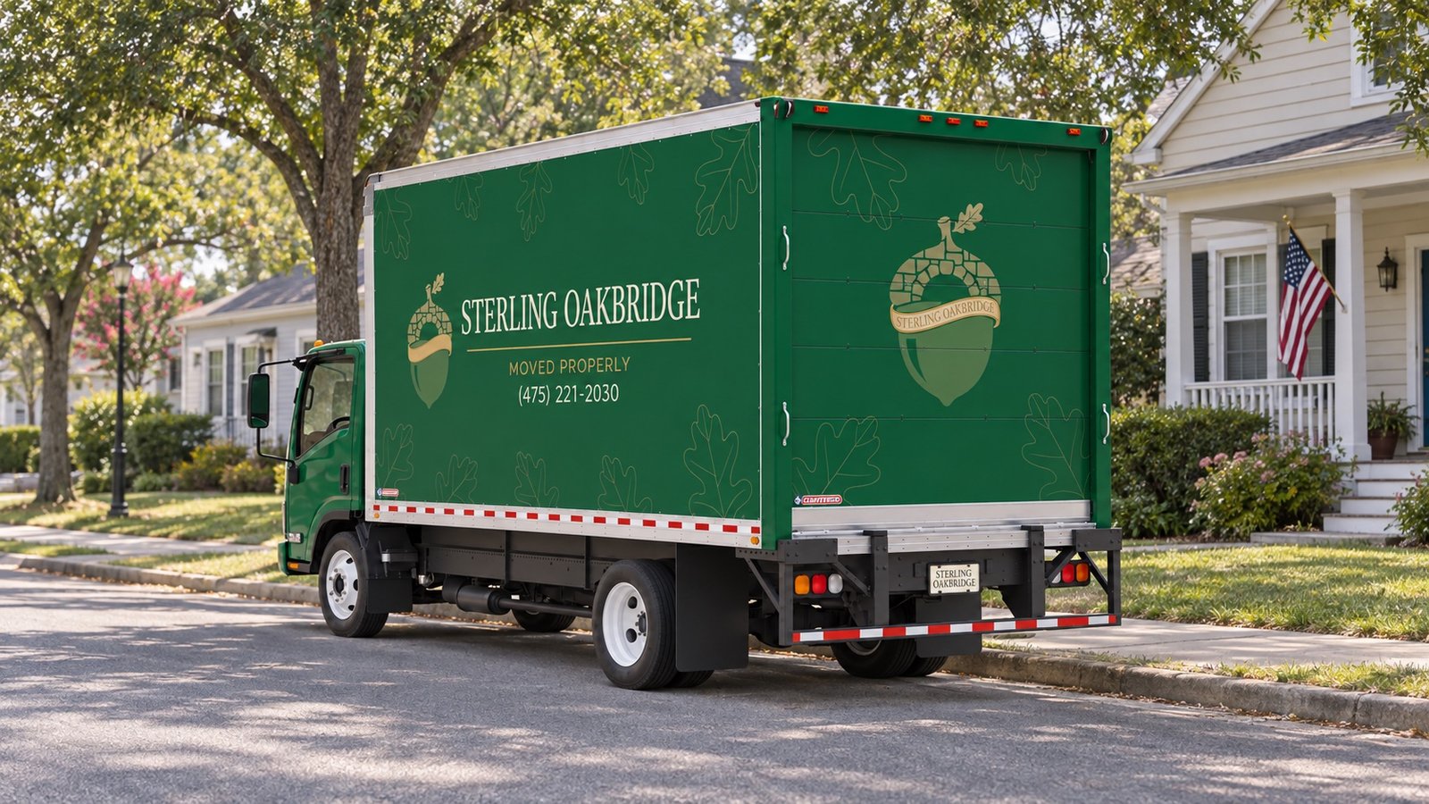 Green Sterling Oakbridge box truck with a closed rear door beside a residential curb