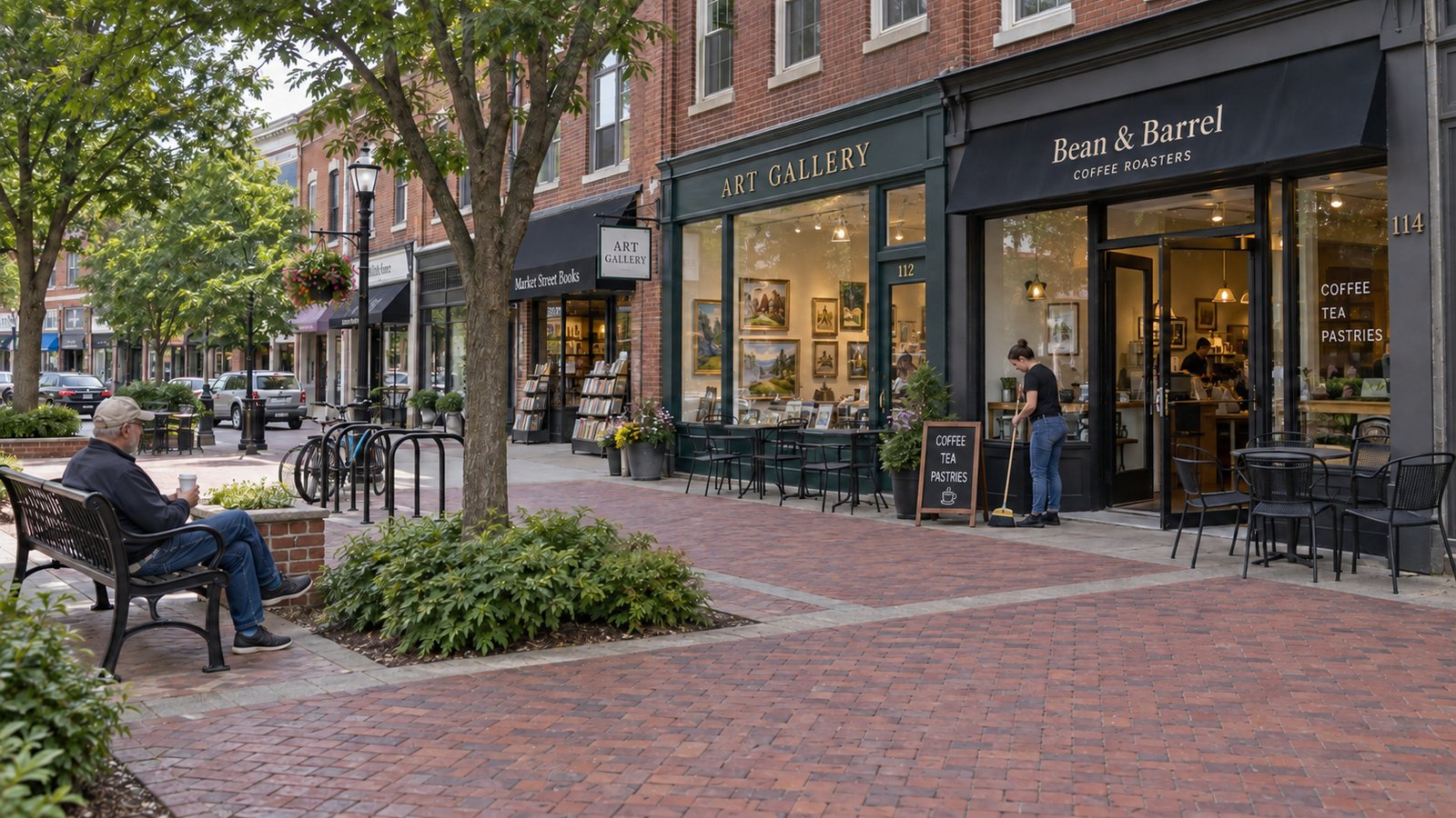 Connecting downtown places with an ordinary daily route Brick-paved square beside a gallery and coffee shop, with a worker sweeping and a resident seated on a bench