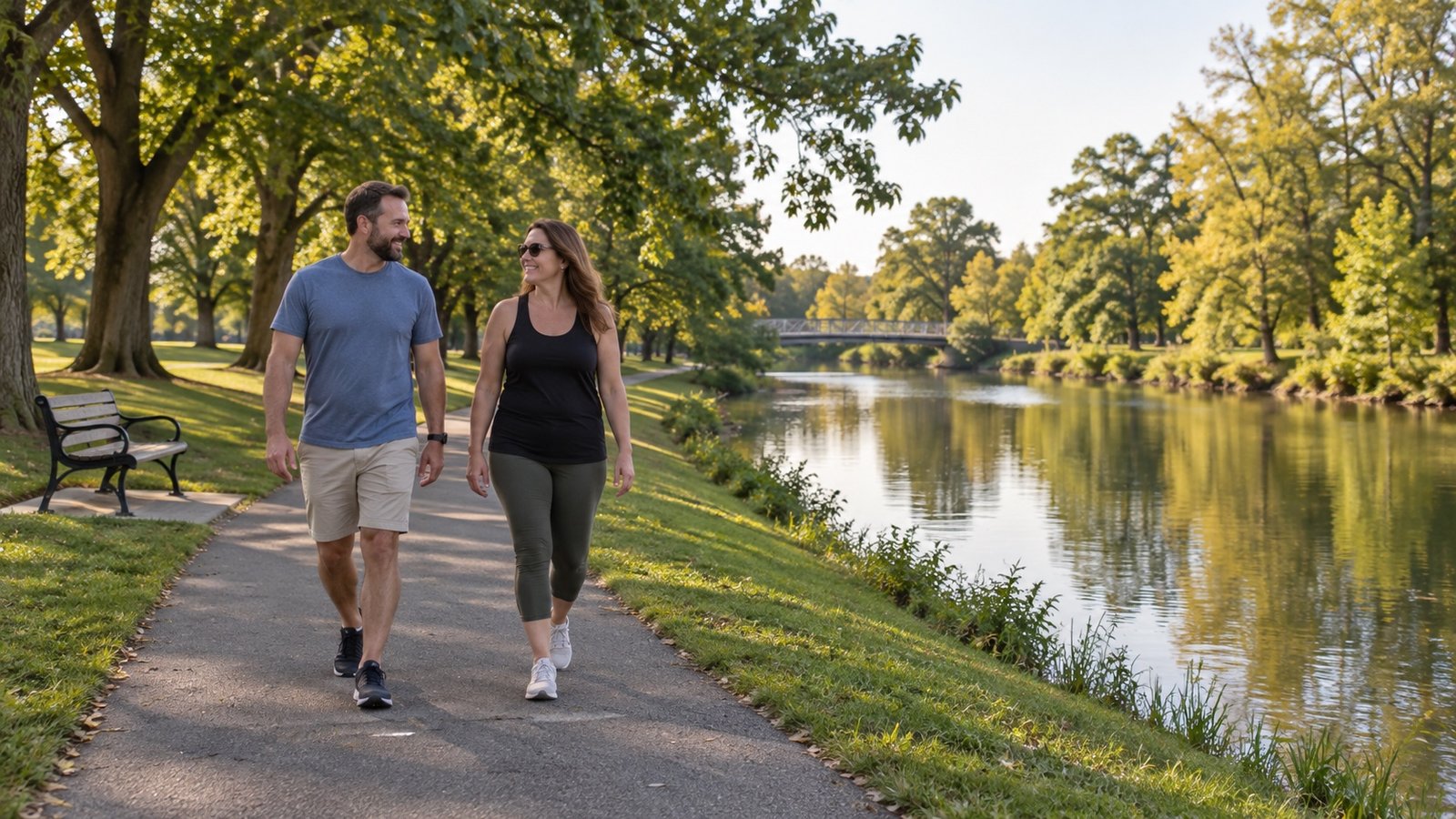Two adults walking on a paved path beside water, grass and mature trees