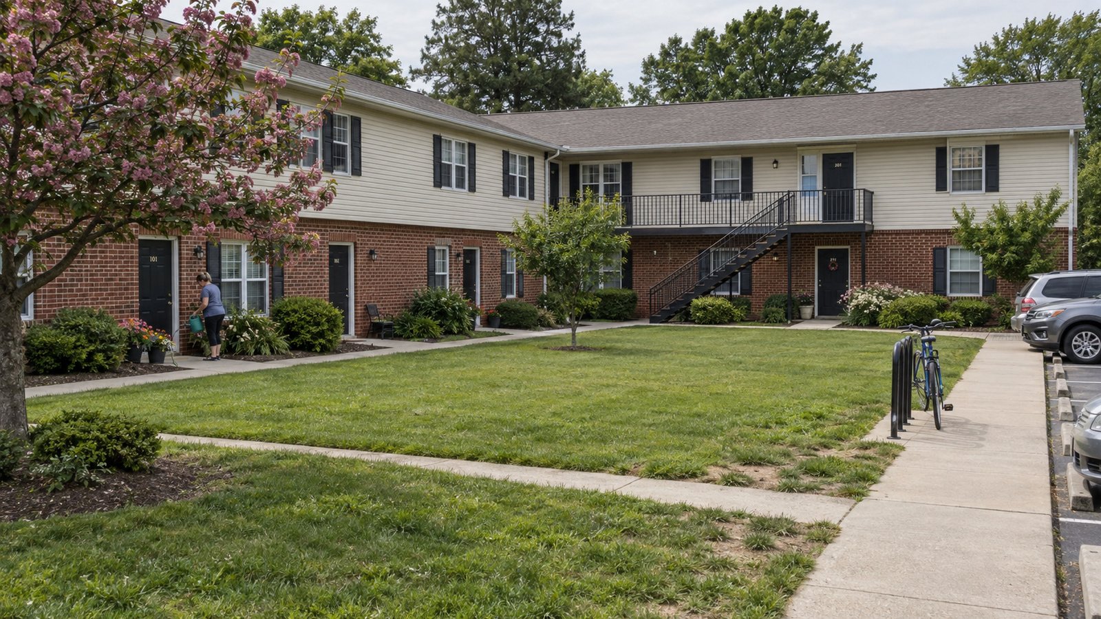 Housing layout and shared approaches in Salisbury Two-story garden apartments around a lawn court with connected walks, an outside stair and nearby parking