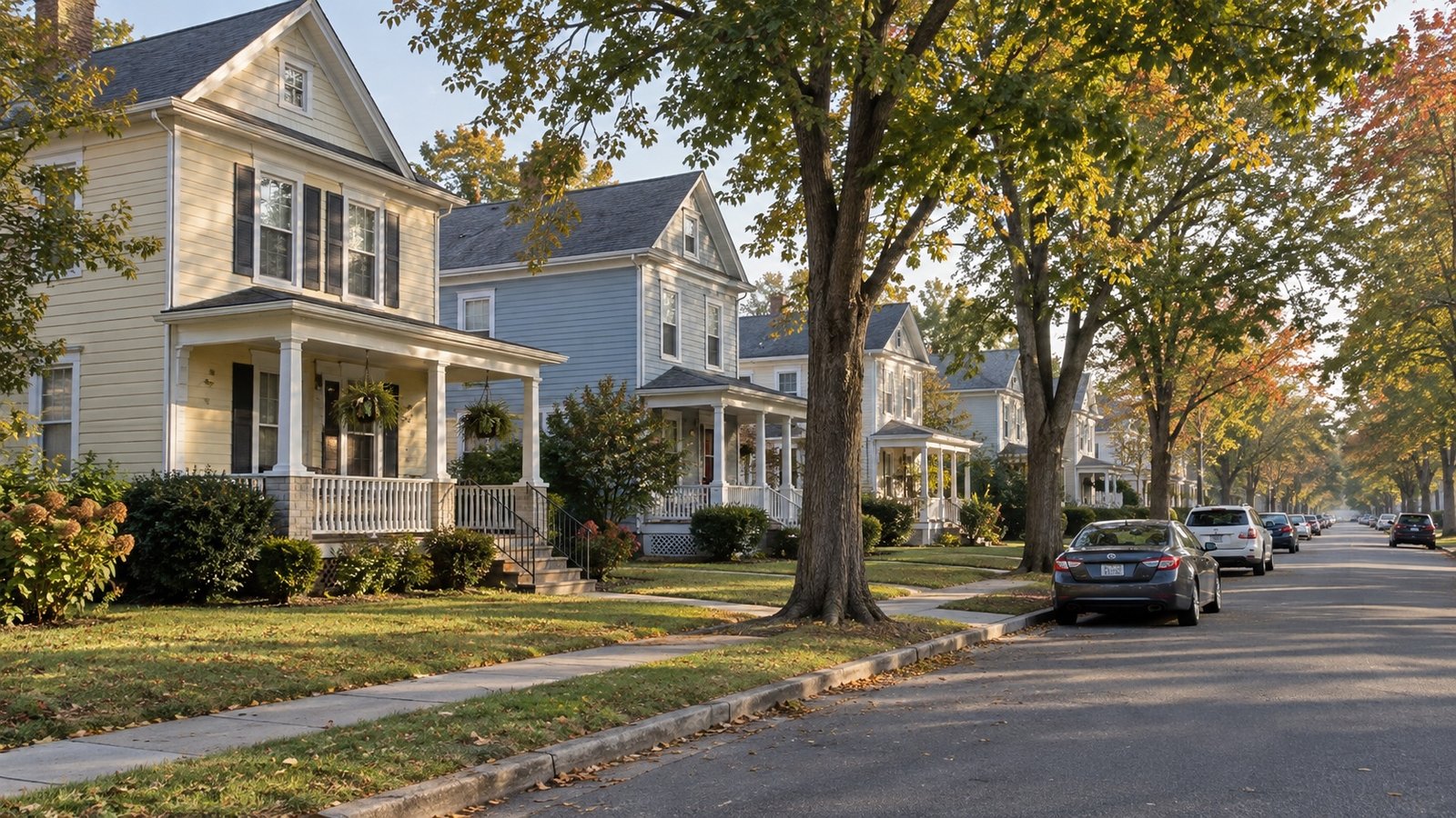 Porched wood-sided houses beside a flat sidewalk and mature trees