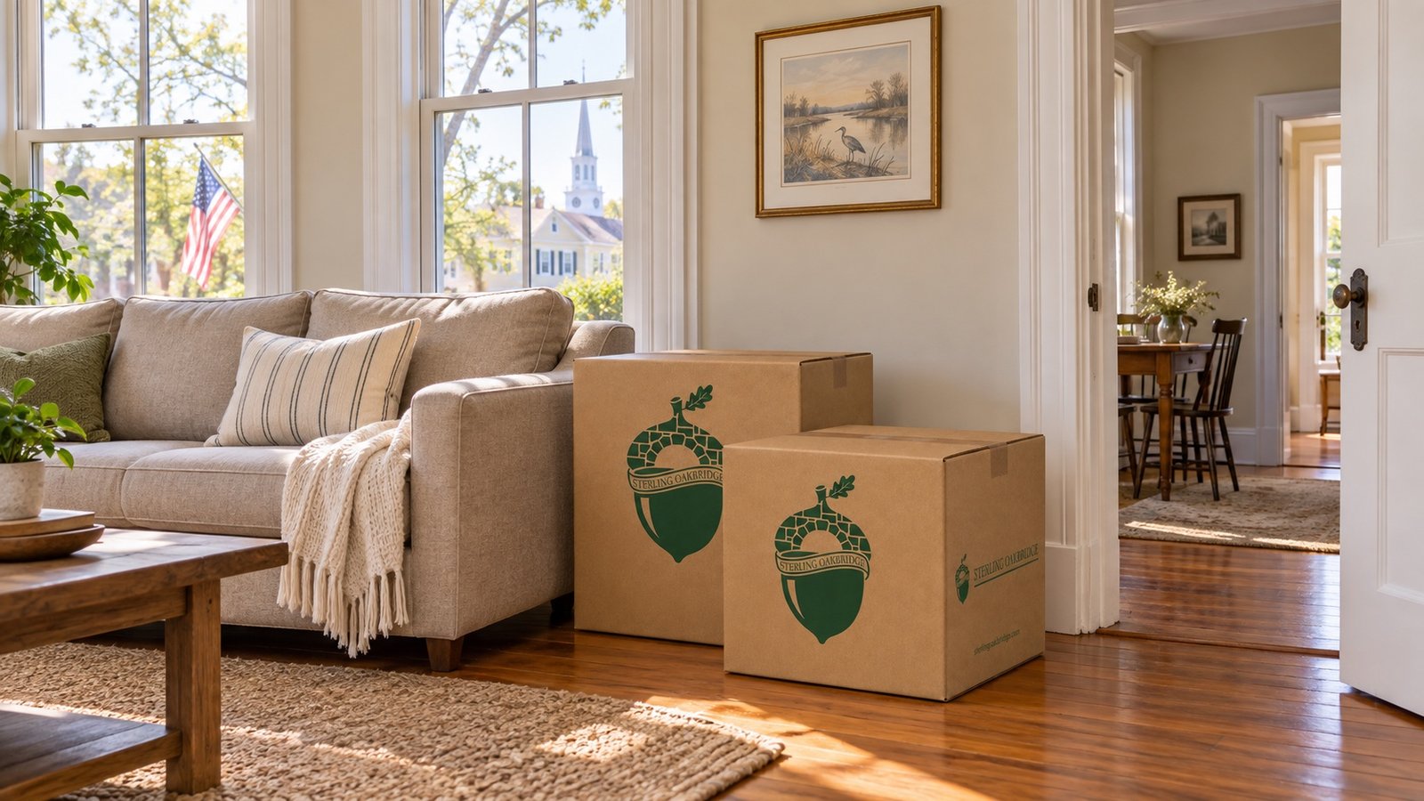 Two closed branded kraft cartons beside a sofa in a bright living room