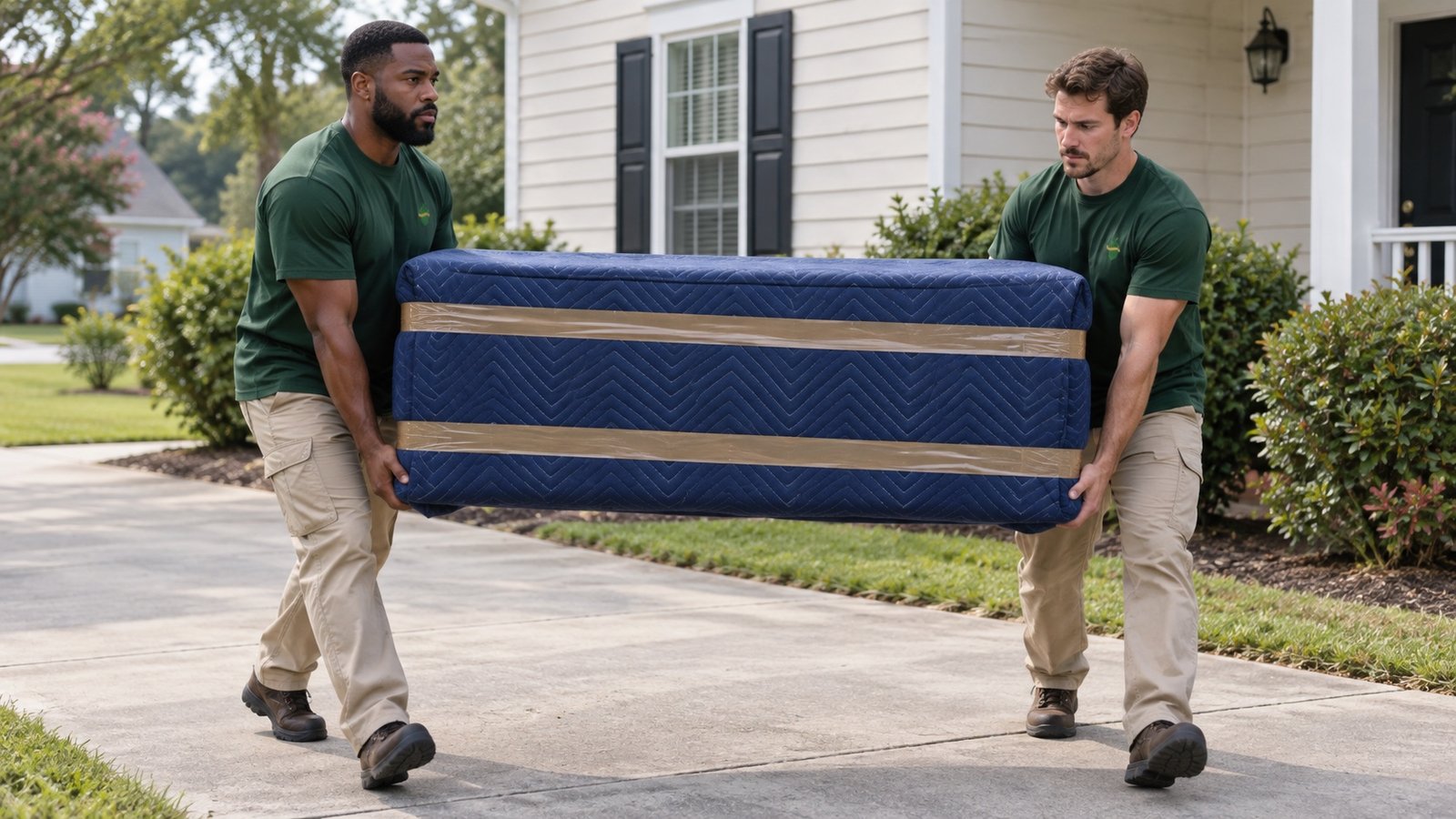 Two movers carrying a rectangular item fully covered by a dark blanket secured with brown tape