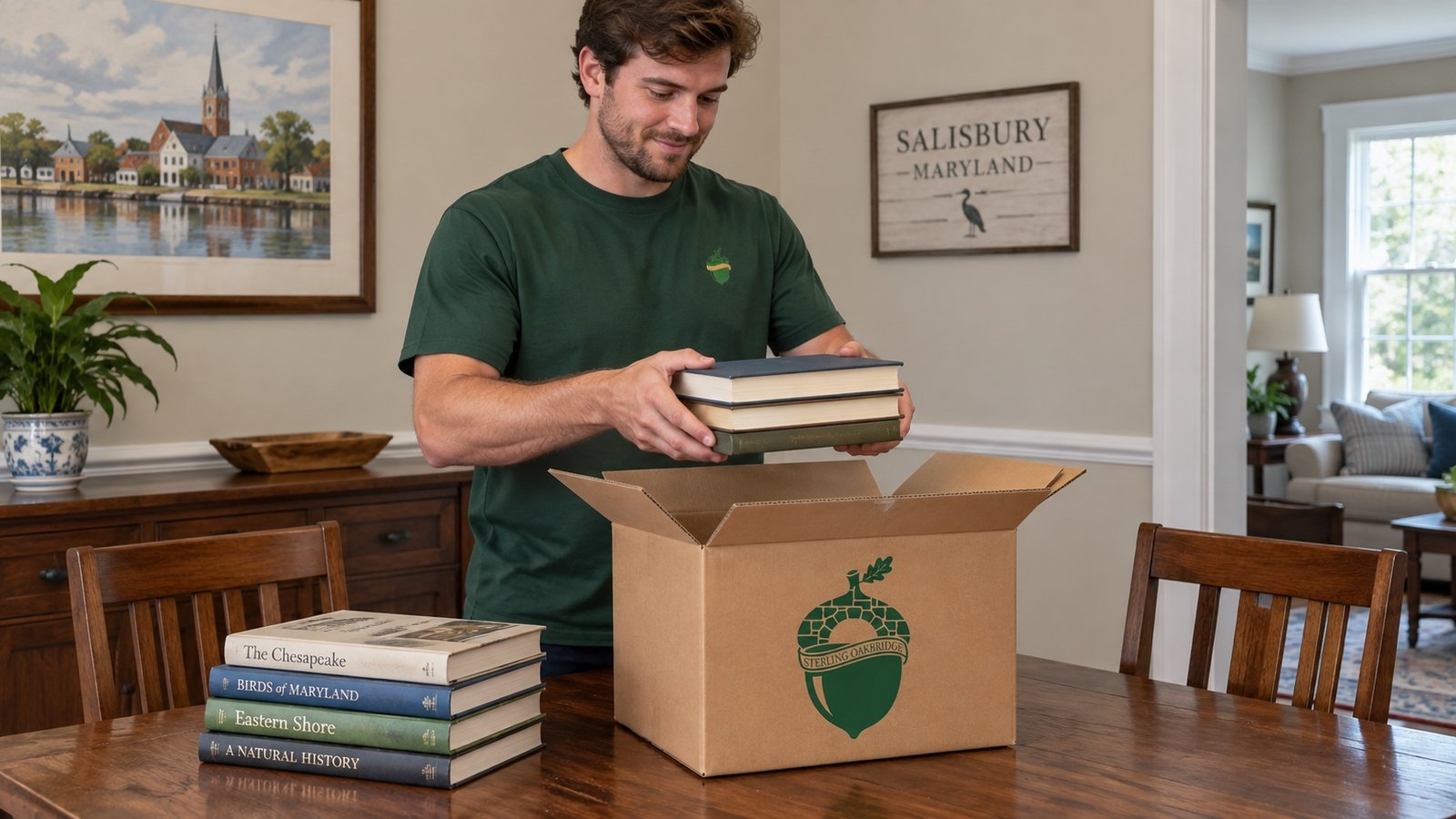 Mover in a dark green crewneck supporting books above a compact branded kraft carton