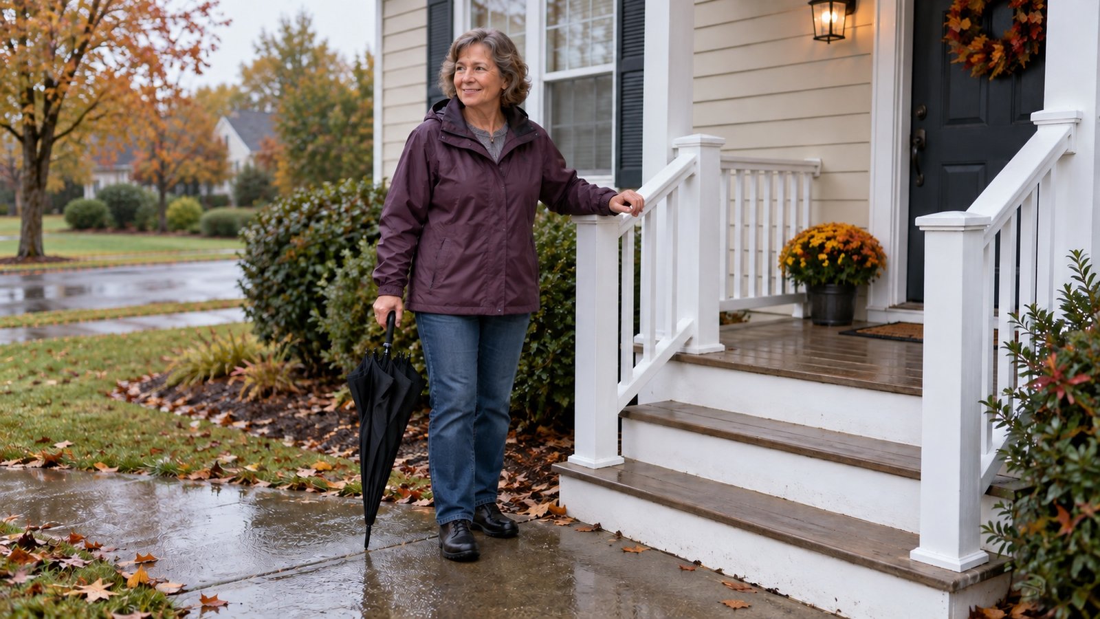 Resident holding a closed umbrella beside wet porch steps and a white handrail