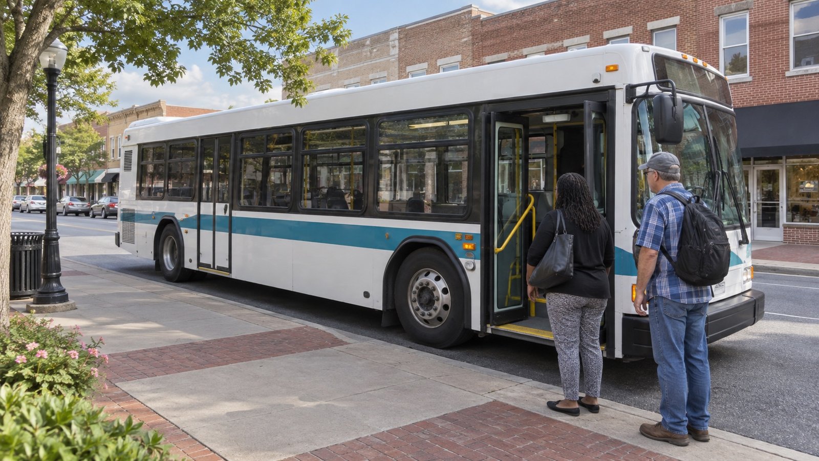 Two adults on the sidewalk beside the passenger door of a white and blue bus