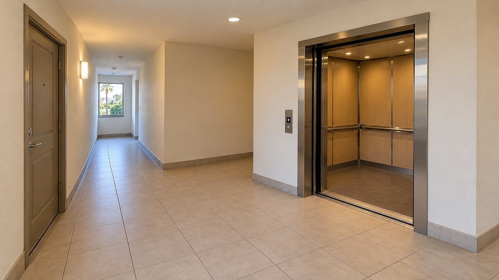Condominium corridor turn with a closed apartment door, clear tiled landing and a complete open elevator threshold. Condominium corridor turn with a closed apartment door, clear tiled landing and a complete open elevator threshold.