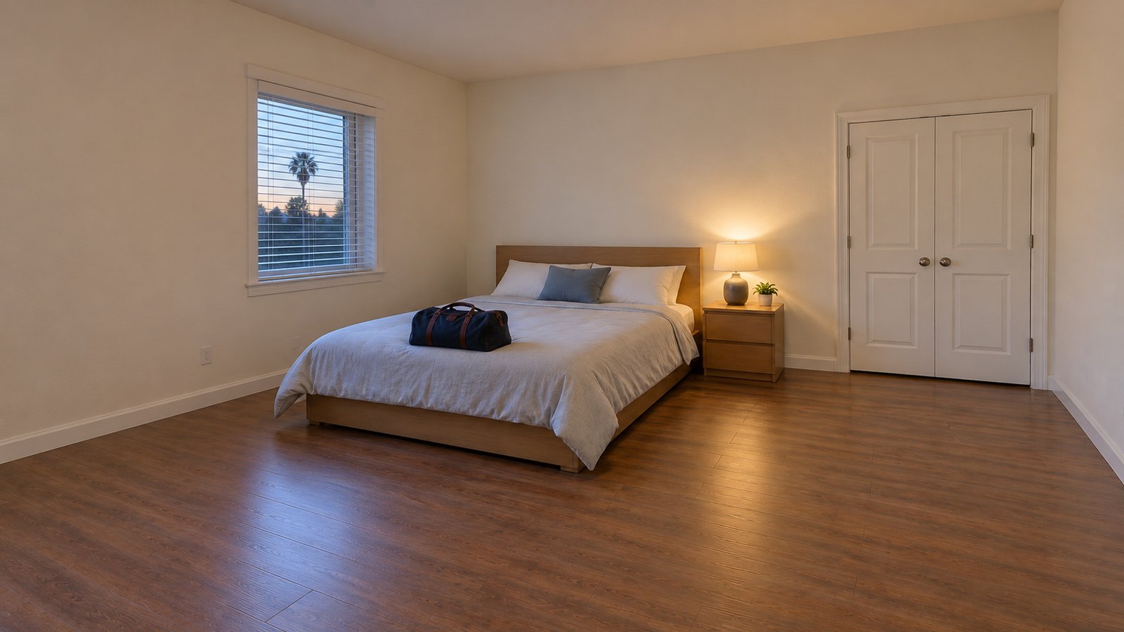A whole made double bed with a small closed overnight bag stands beside a nightstand and a clear floor route to closed closet doors. A whole made double bed with a small closed overnight bag stands beside a nightstand and a clear floor route to closed closet doors.