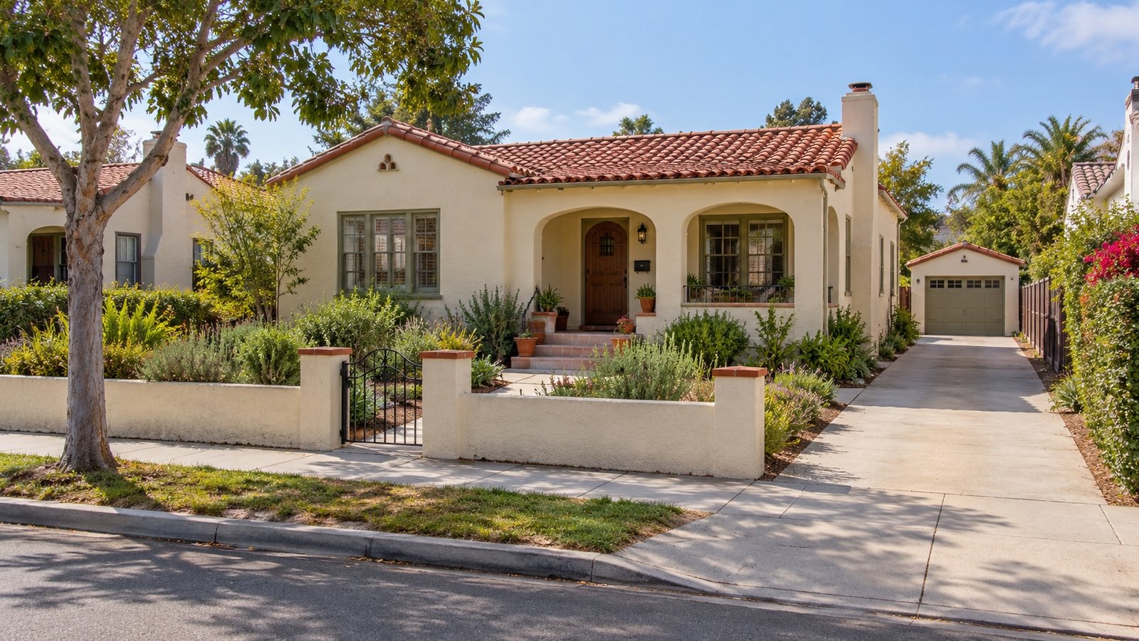 One-story cream stucco bungalow with a tile roof, low gated path, porch steps and a separate private driveway. One-story cream stucco bungalow with a tile roof, low gated path, porch steps and a separate private driveway.