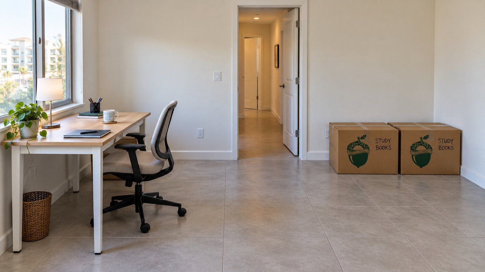 A finished condominium work nook with an assembled writing desk, task chair, two low sealed study-book cartons and a clear hallway approach. A finished condominium work nook with an assembled writing desk, task chair, two low sealed study-book cartons and a clear hallway approach.
