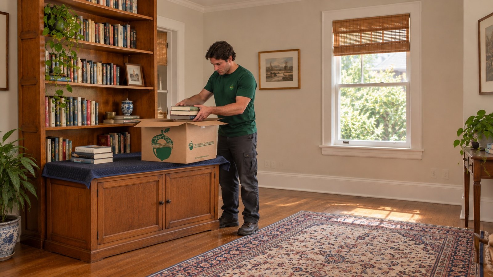 A mover lowers a short stack of books into a small Sterling Oakbridge carton supported on a protected study sideboard. A mover lowers a short stack of books into a small Sterling Oakbridge carton supported on a protected study sideboard.