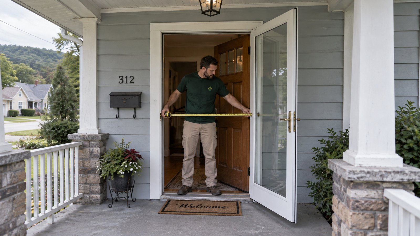 Measure the actual entry A whole male mover in a green Sterling Oakbridge shirt measures a single front entry from a porch beside a fully open storm door.