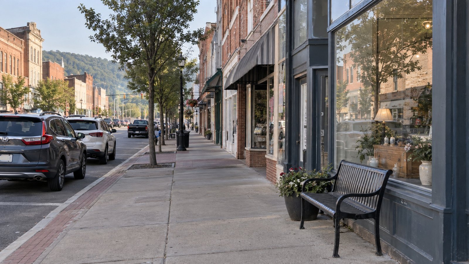 A borough storefront sidewalk with a complete bench, contextual parked cars and valley hills beyond.