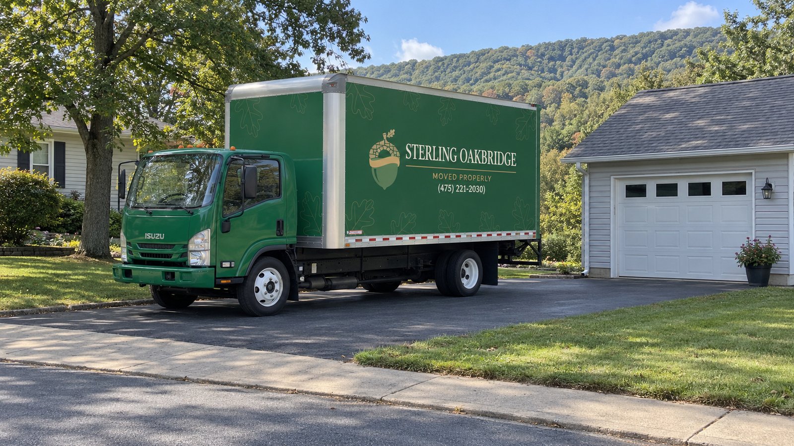 Confirm the vehicle position A whole green Sterling Oakbridge NPR16 box truck stands on a paved private driveway beside a garage.