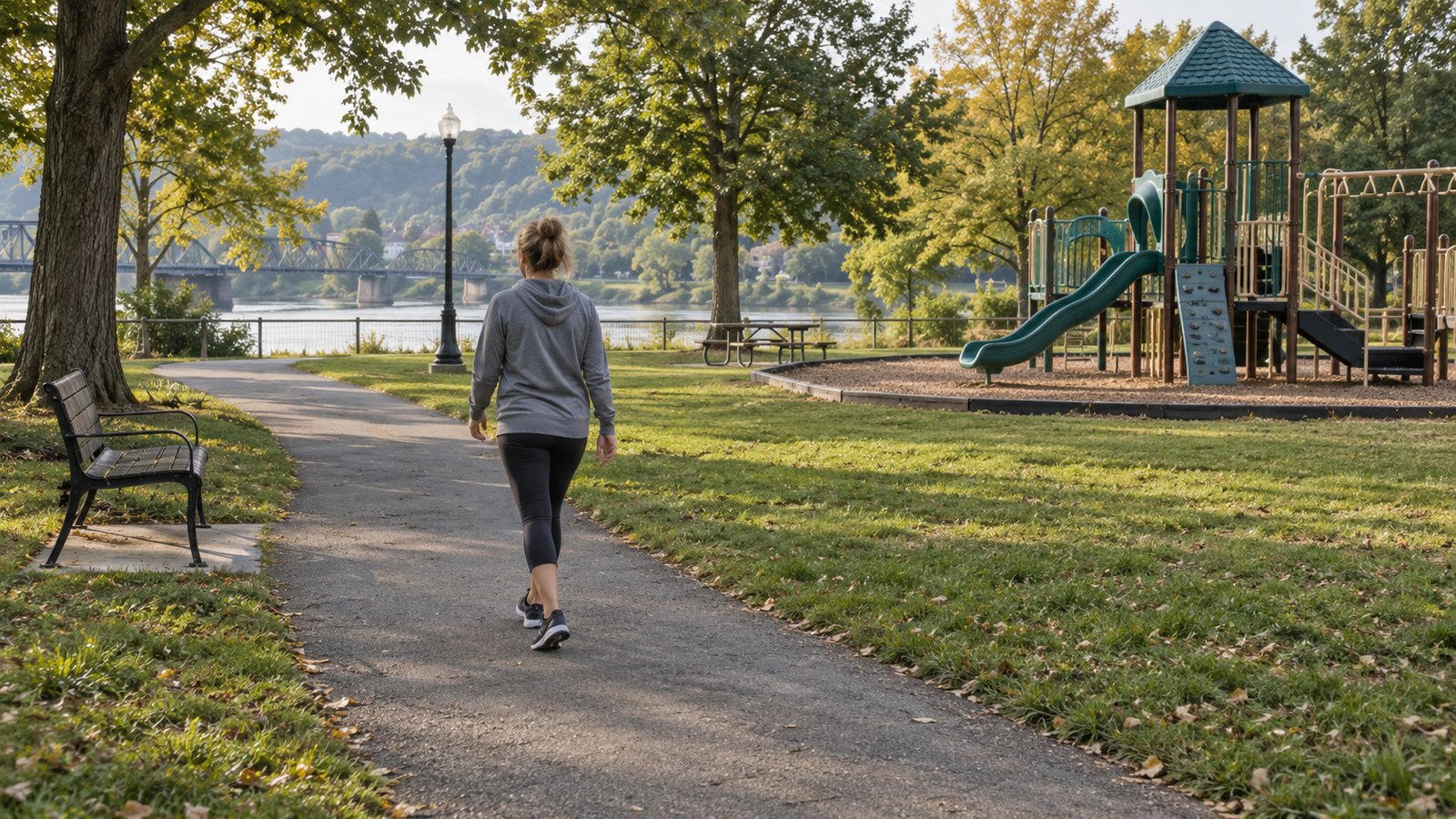 An ordinary resident walks a park path beside a playground.