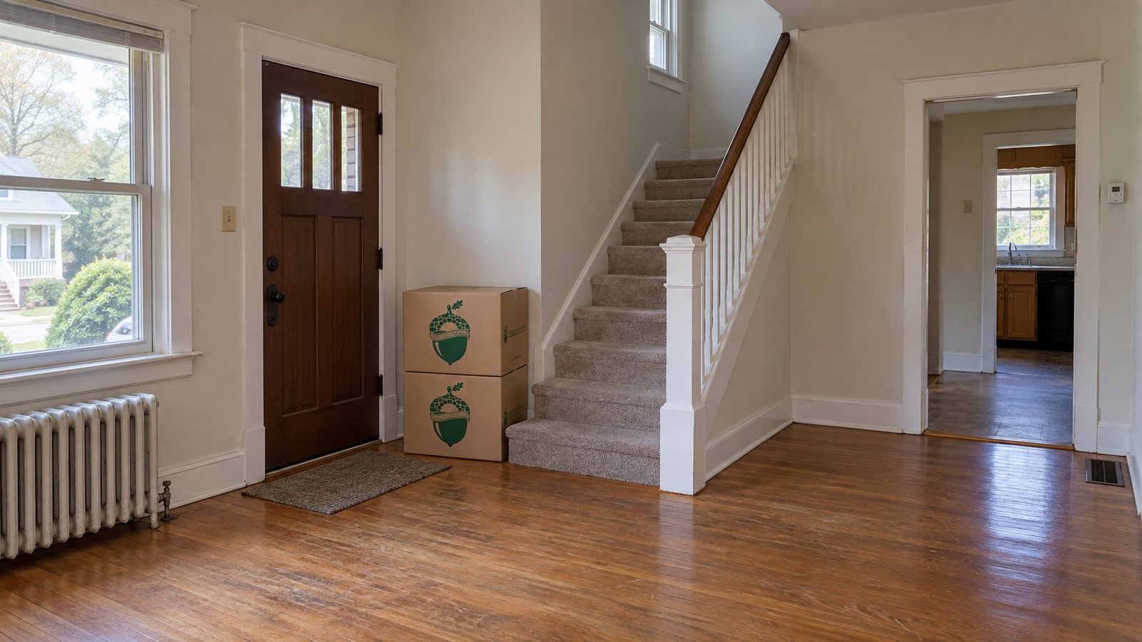 A compact house entry with the complete staircase flight and two small stacked kraft Book cartons beside the wall.