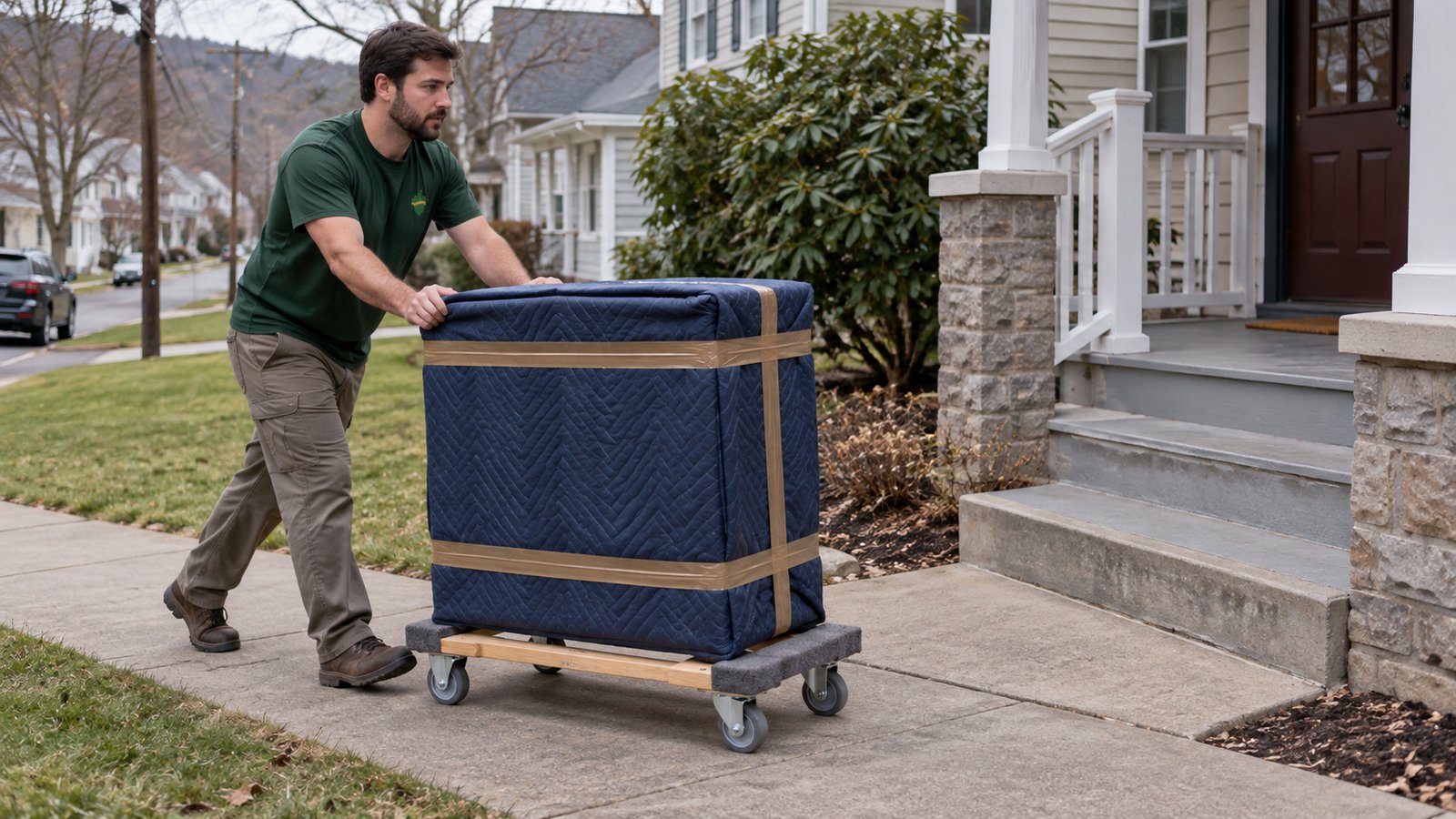 Prepare furniture and the route A whole male mover pushes a blanket-wrapped small dresser on a compact open-frame furniture dolly along a level sidewalk.