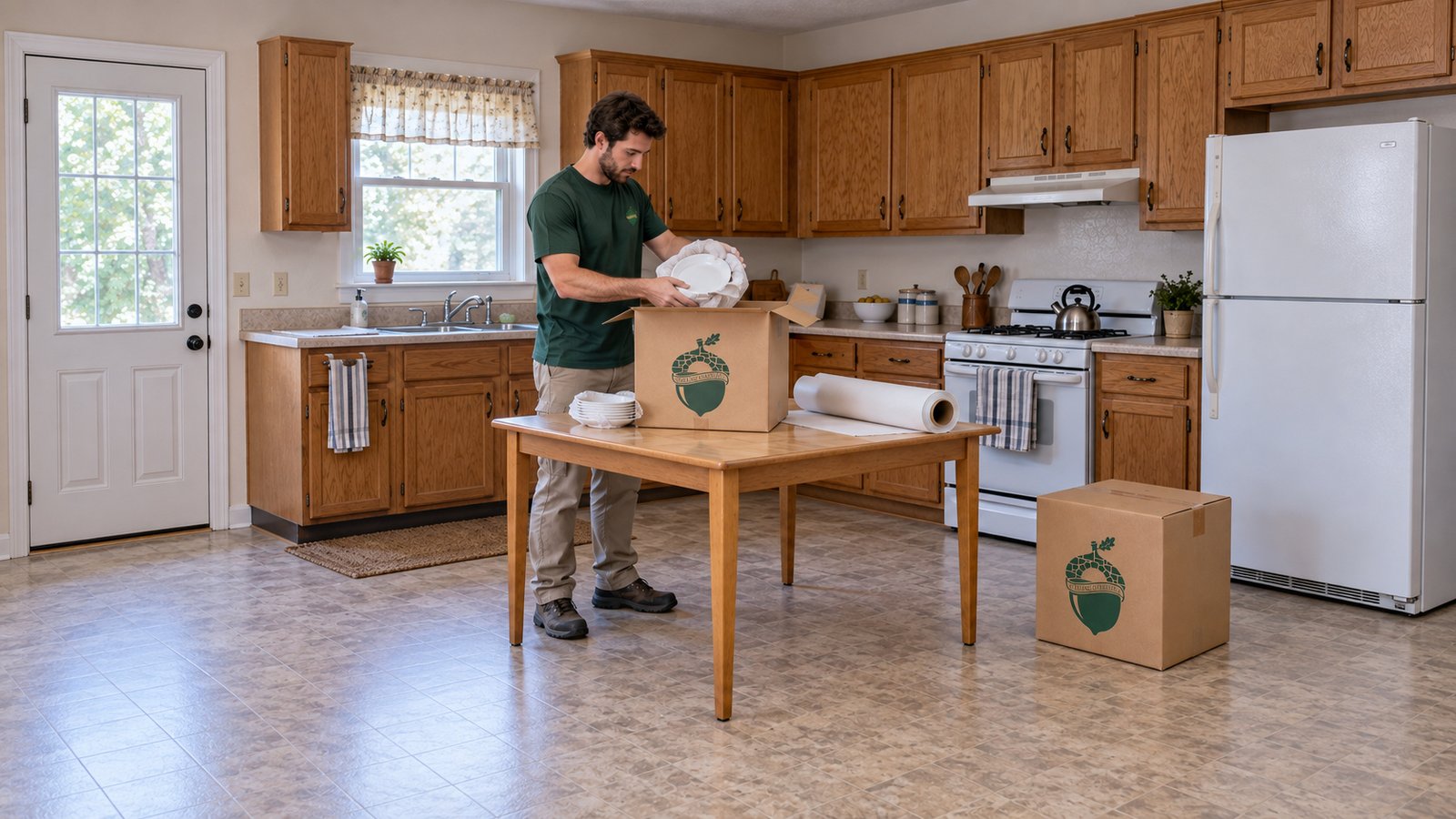 Prepare kitchen packing A whole male packer places one paper-wrapped plate into an open kraft China carton on a complete standalone kitchen worktable.