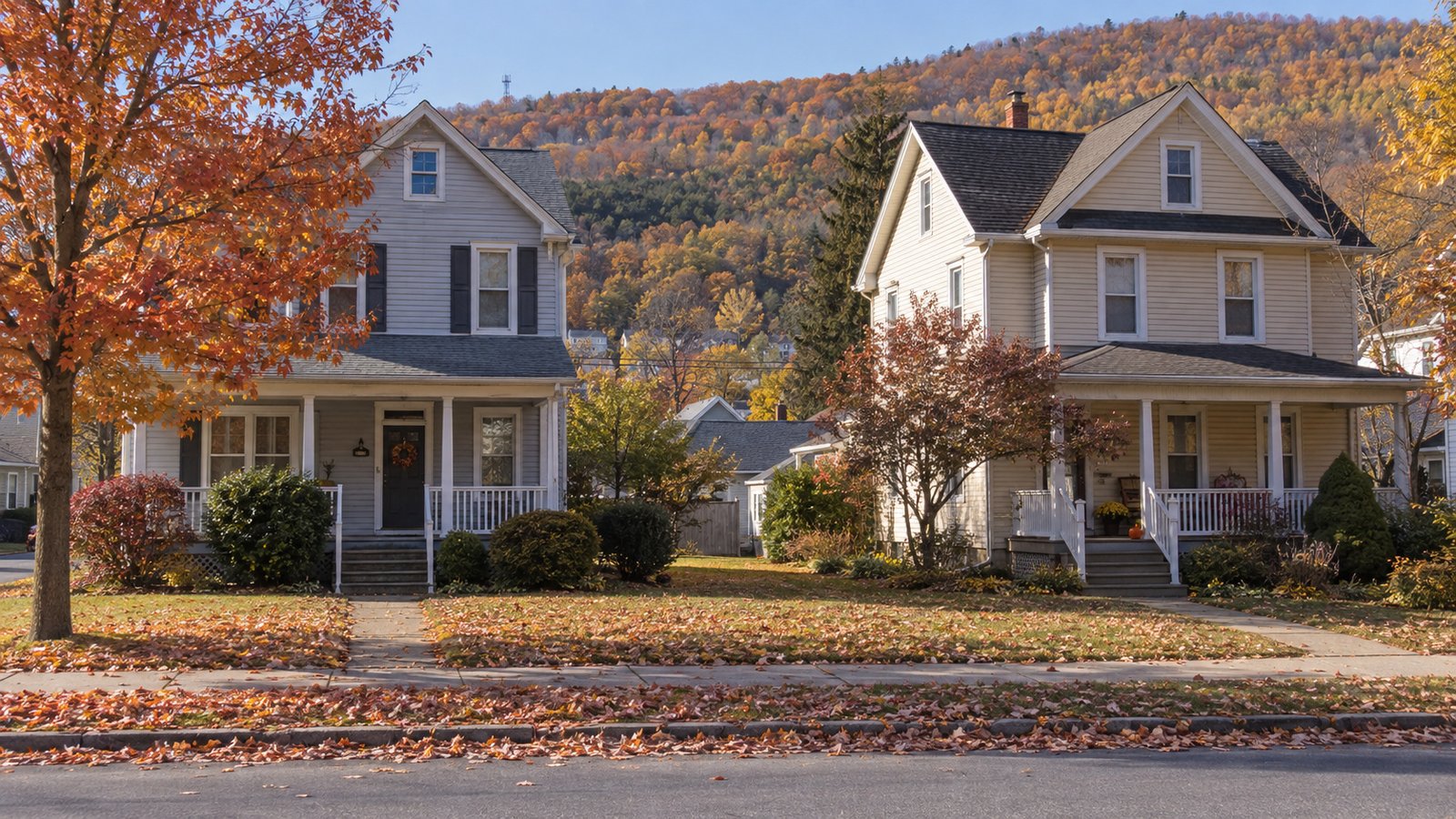 Complete principal houses and an ordinary residential approach in autumn light.