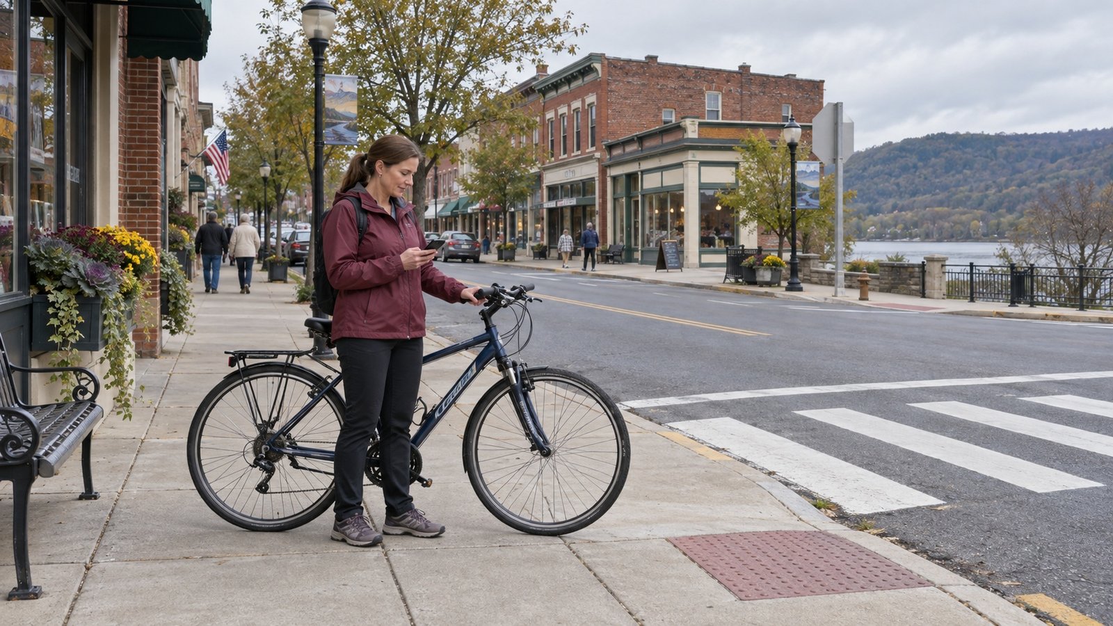 A whole resident checks her phone beside a complete commuter bicycle on a connected sidewalk and marked crossing.