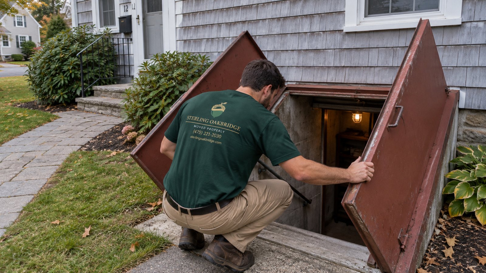 Checking a cellar entrance Sterling Oakbridge mover holding an open metal bulkhead door and looking down the cellar stairs