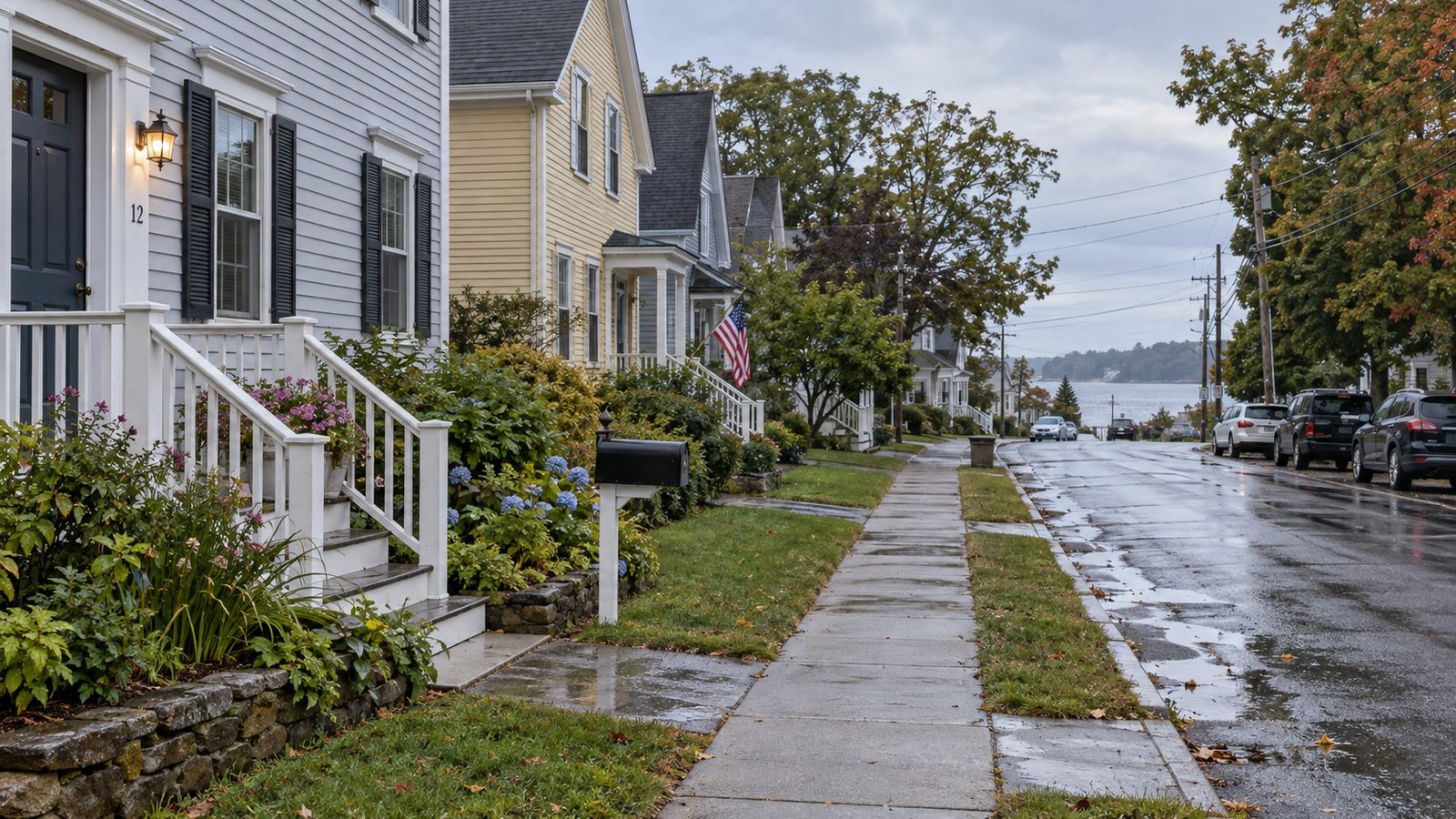Sidewalk beside wood-sided homes, entrance steps and mailboxes after rain