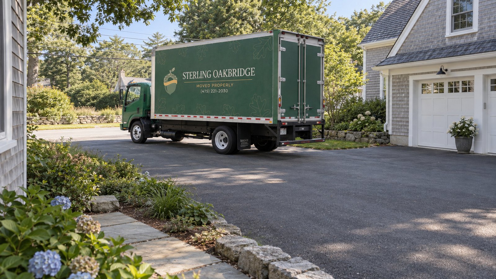 A private stopping position Sterling Oakbridge box truck on a paved driveway with space behind its closed rear doors