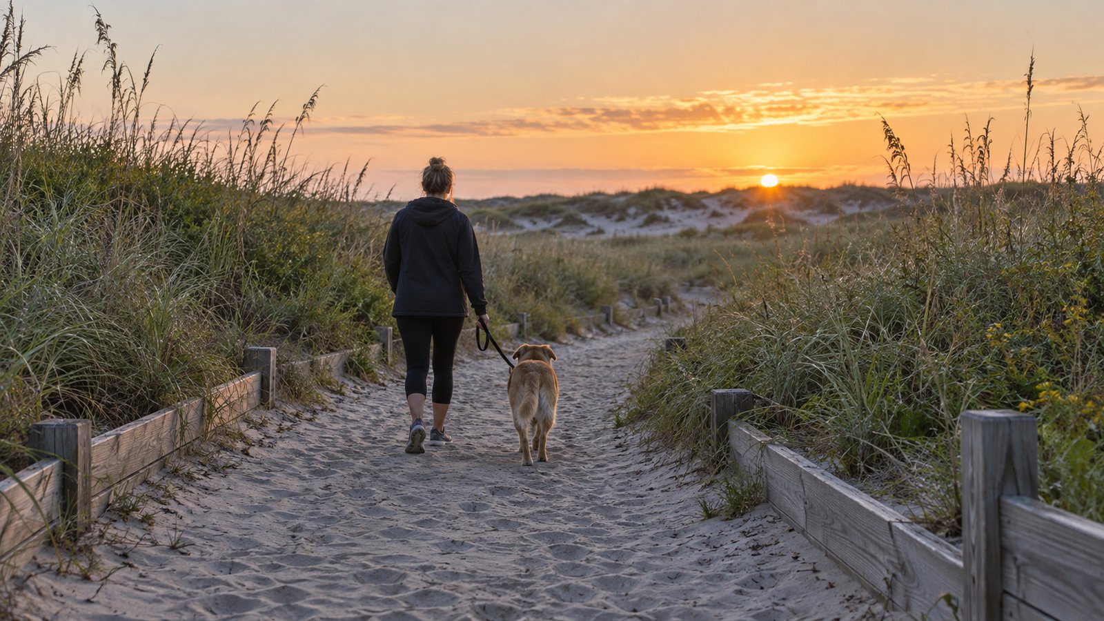 Person walking a leashed dog along a sandy path between dune grass at sunrise