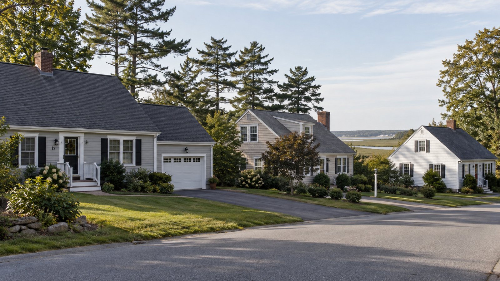 Residential street near the coast Three wood-sided homes with paved driveways and pines, with marsh and water in the distance