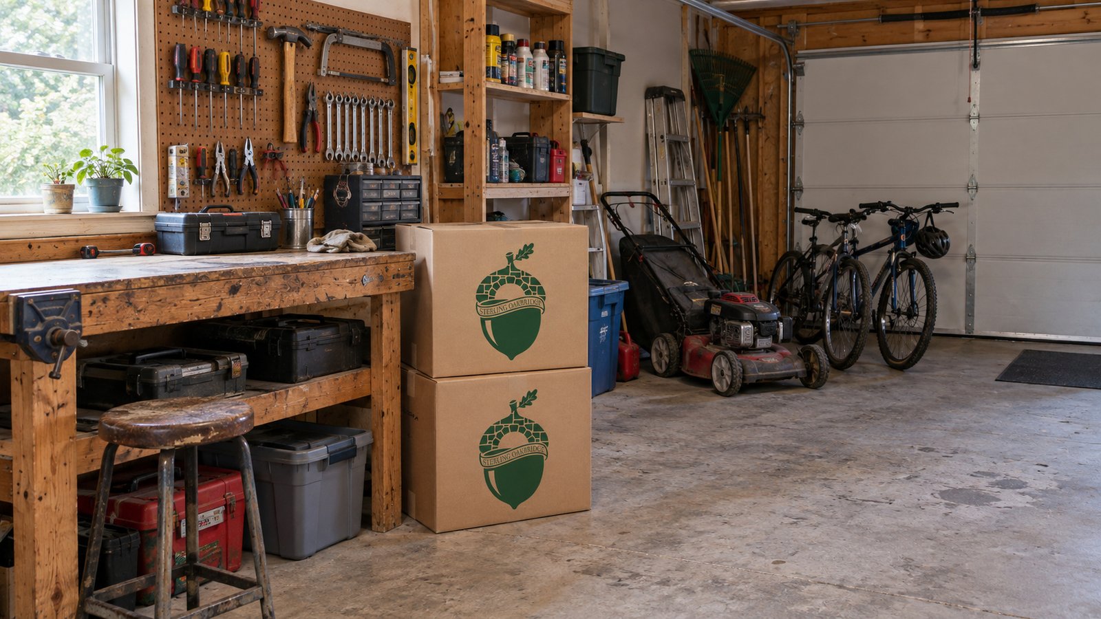 Garage workbench with hand tools, two branded kraft cartons, a mower and bicycles