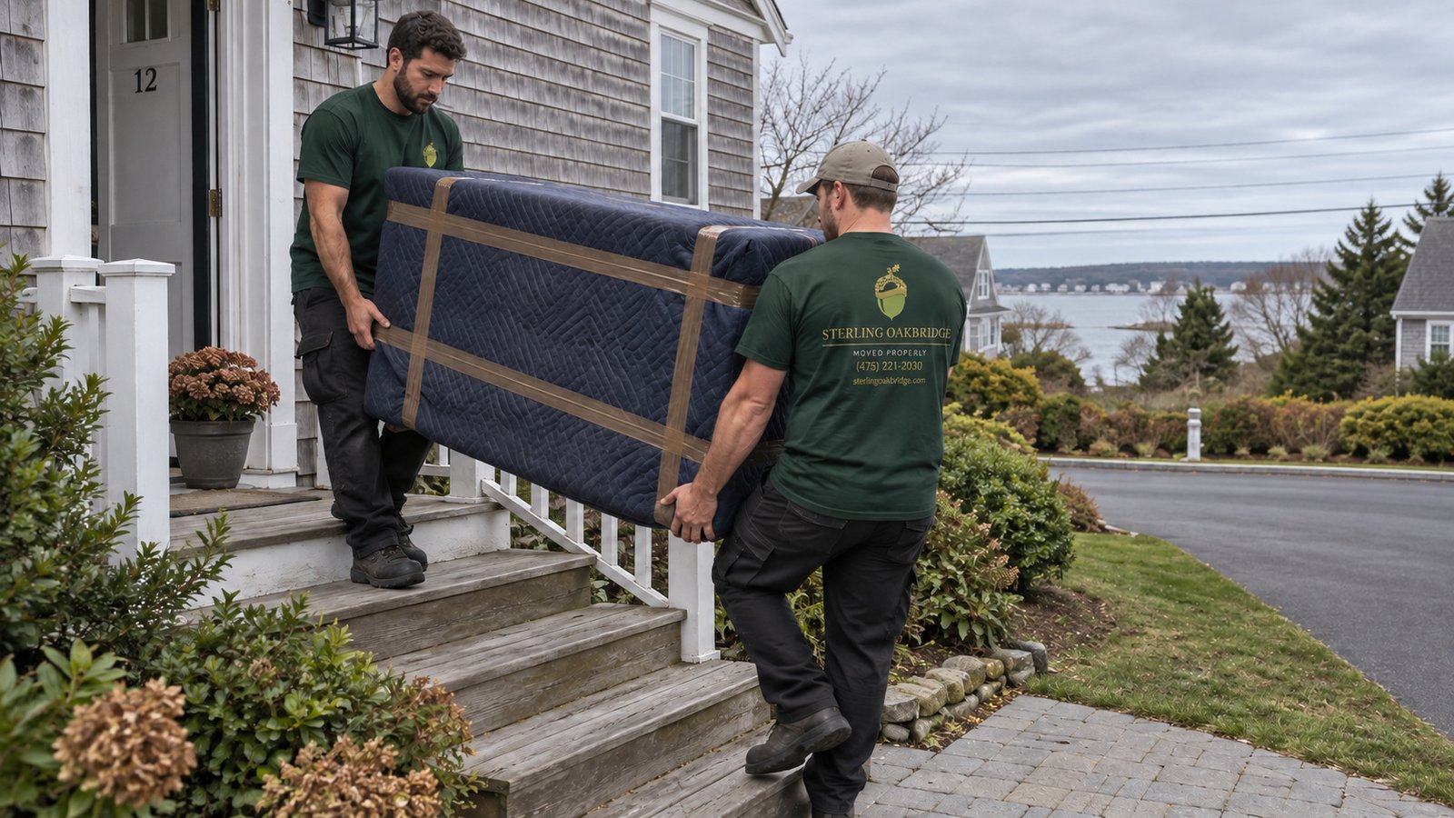 Carrying protected furniture down steps Two Sterling Oakbridge movers carrying blanket-protected furniture down exterior steps