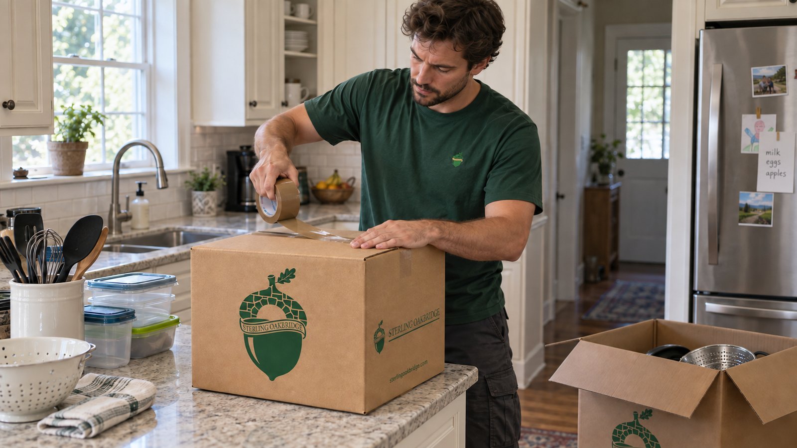 Sealing a kitchen carton Sterling Oakbridge mover applying brown tape to a kraft carton on a kitchen counter