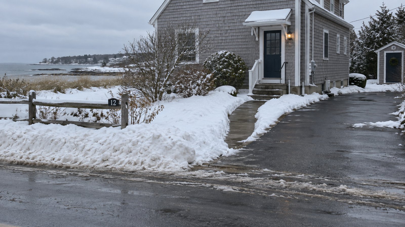 Cleared walkway and driveway beside a coastal home after snow