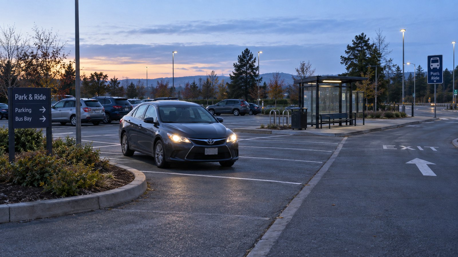 Car in a park-and-ride lot at dawn with parking rows and a shelter