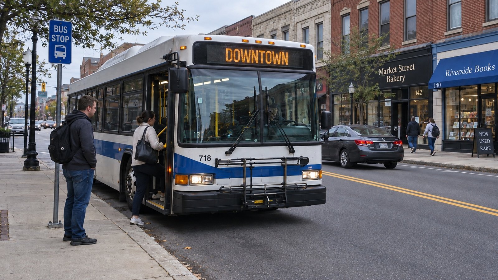 A passenger boarding the front door of a white and blue bus while another waits at a curbside stop.
