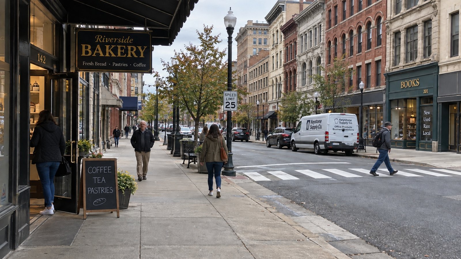 People walking beside downtown masonry shopfronts and a pedestrian crossing, with a bakery entrance in the foreground.