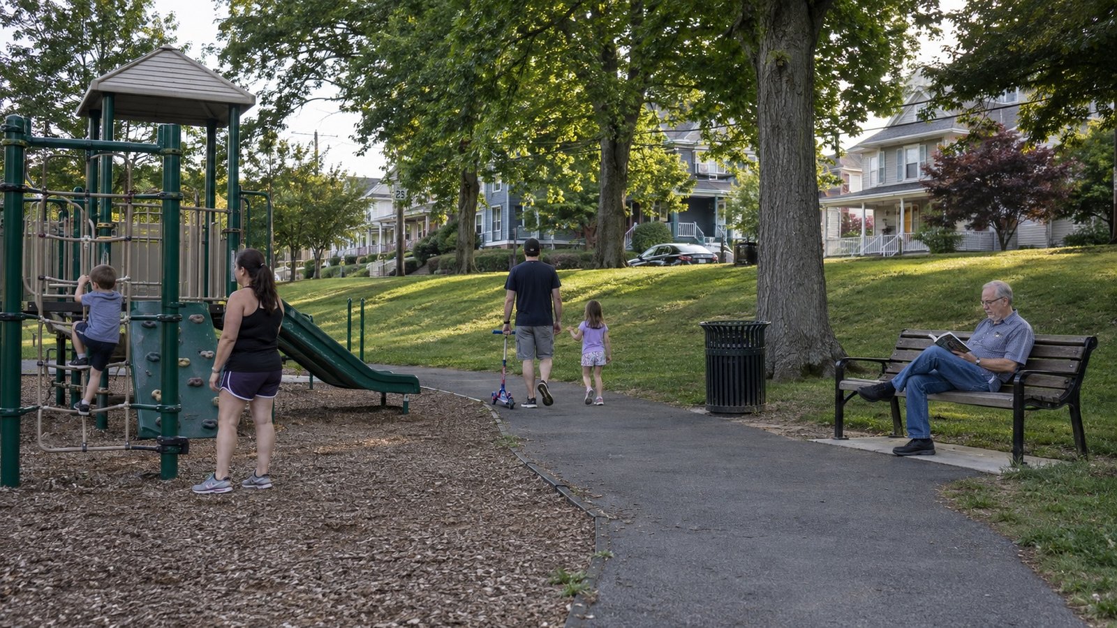 A child climbing playground equipment beside an adult, a family walking along the path and an older man reading on a bench.
