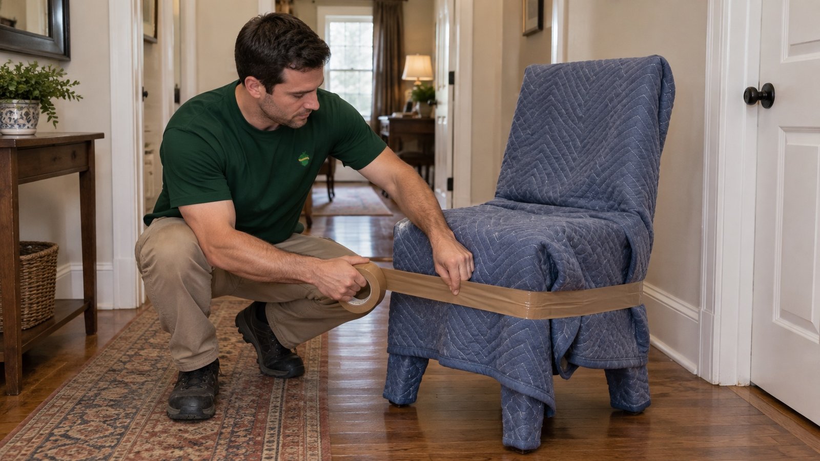 A mover using brown packing tape to secure a blue protective blanket around a chair in a hallway.