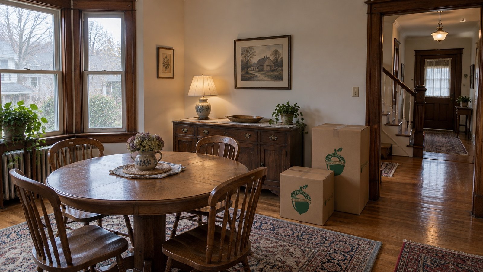 An older dining room with a round table, sideboard and two closed Sterling Oakbridge cartons of different heights.