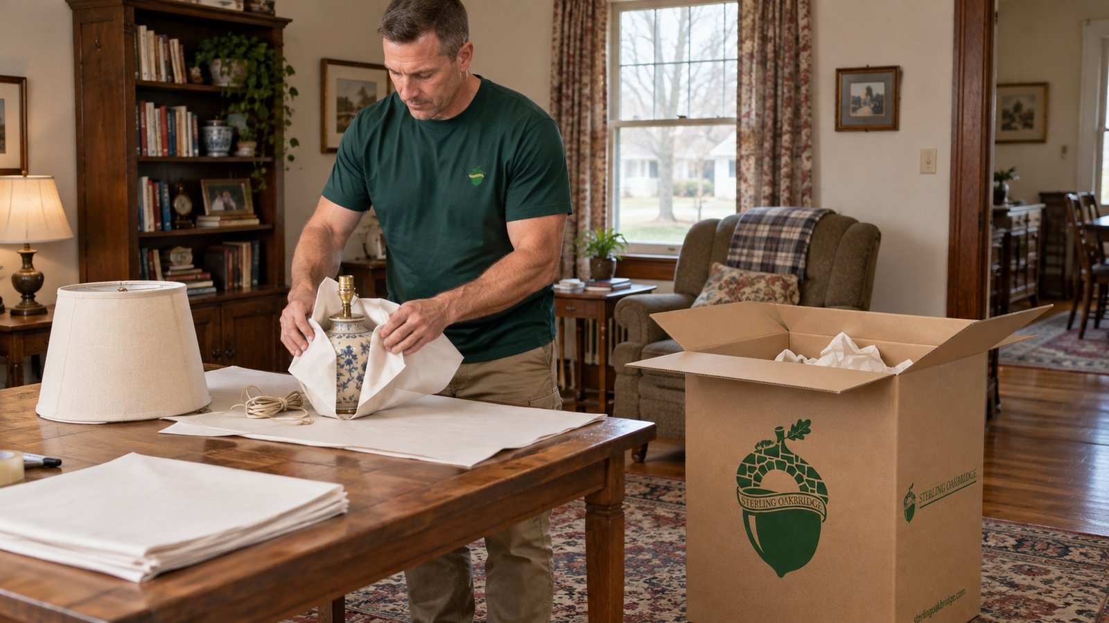 A mover wrapping a ceramic lamp base in paper beside a detached lampshade and open Sterling Oakbridge china carton.