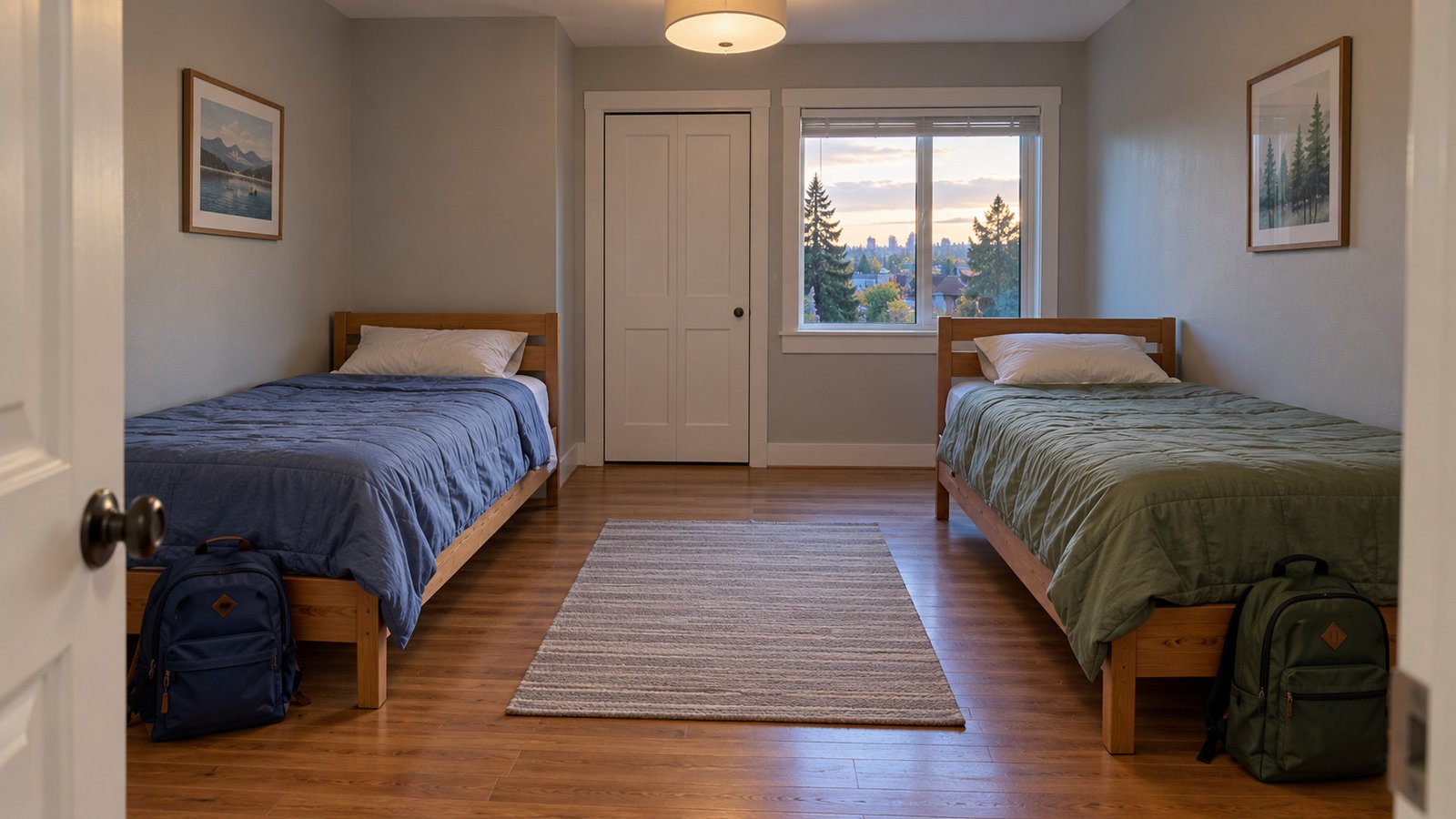 Two single beds with blue and green covers stand beside a clear central route and two small overnight backpacks.