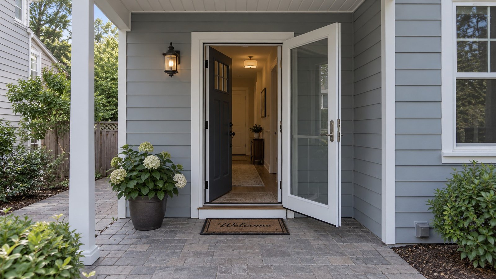 The complete entry route An open solid door and open glass storm door beneath a covered entry, with a paved landing and one interior step.
