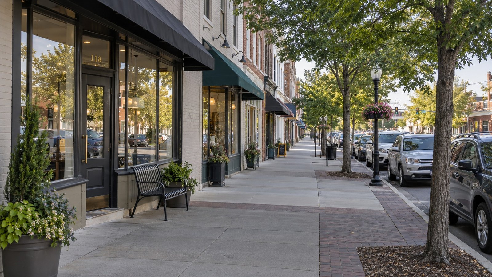 A clear sidewalk beside low-rise storefronts, a bench against the frontage and cars parked along the street.