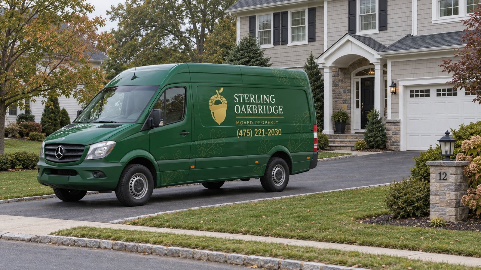 The van position on a driveway A green Sterling Oakbridge Mercedes-Benz Sprinter parked completely on a paved private driveway beside a house.