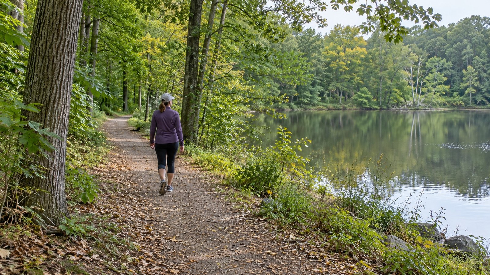 A woman in a purple top and cap walking a wooded natural path beside a quiet pond.