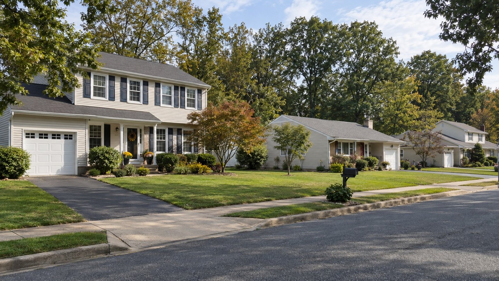 A residential street and its approaches Colonial and ranch houses with paved driveways, lawns and mature trees along a residential street.