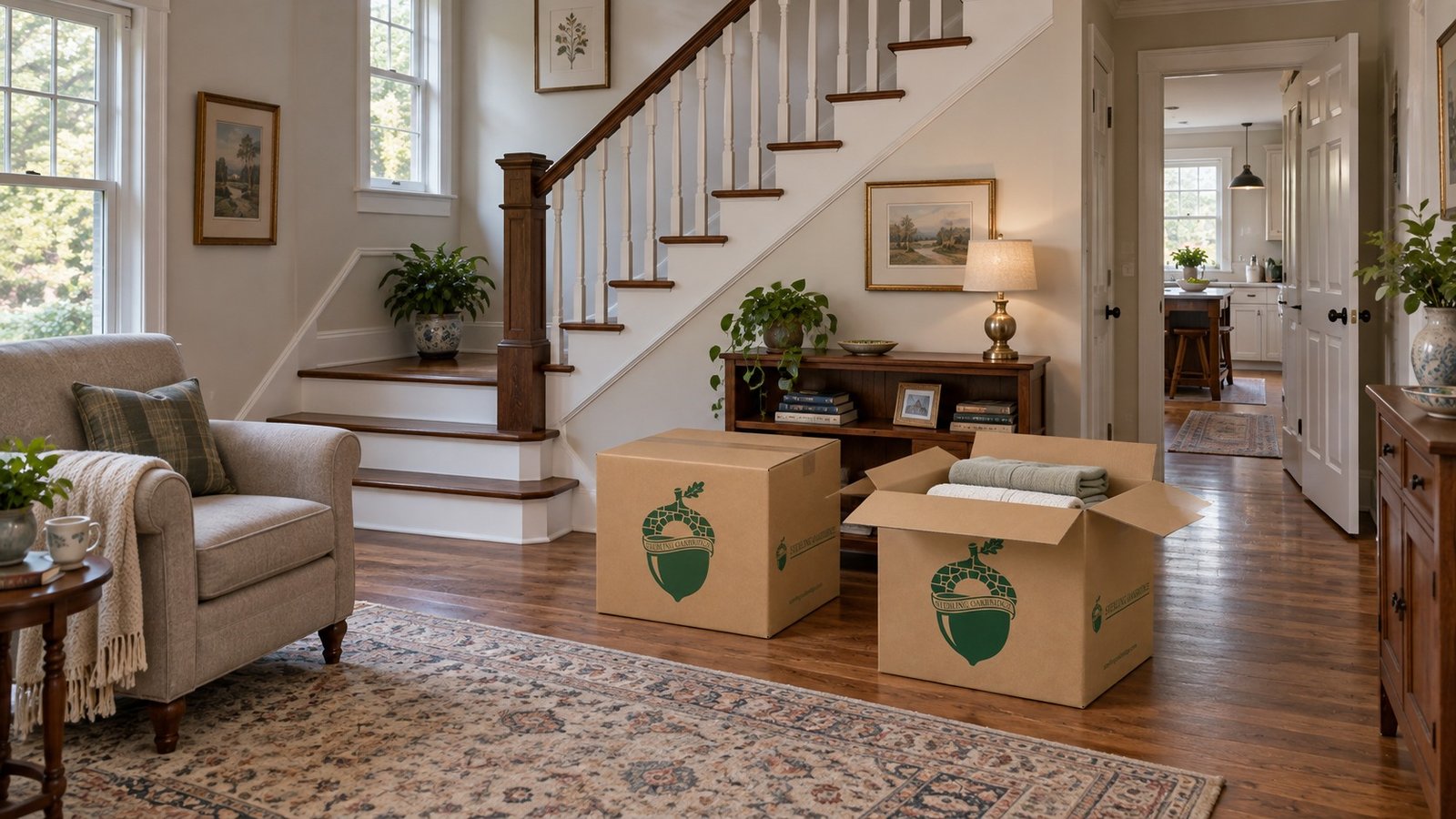 A sitting room with a wooden stair foot, a kitchen passage and two separate kraft cartons, one closed and one open with towels.