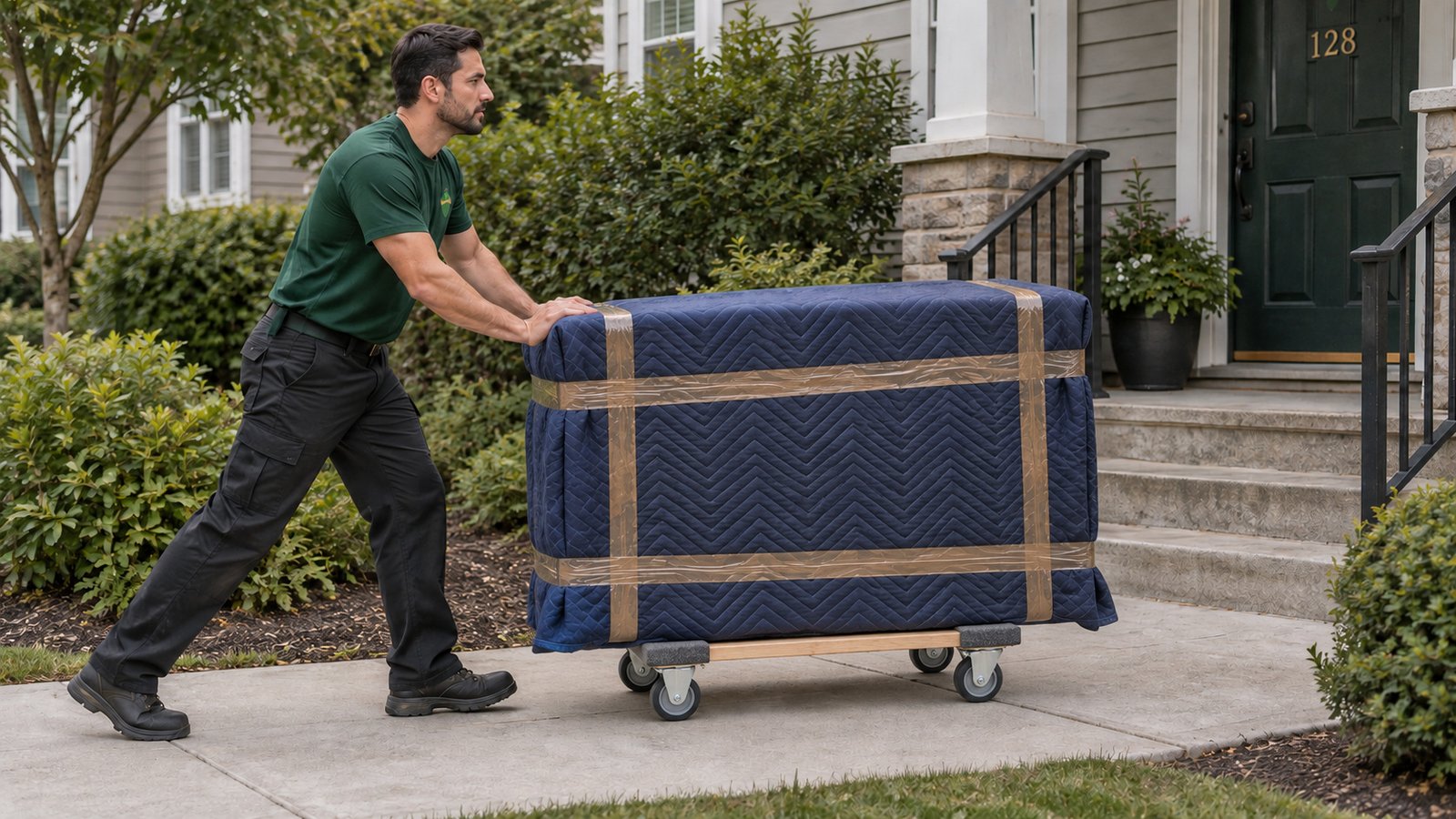 A mover guides a protected dresser on a compact furniture dolly along a level sidewalk before the porch steps.